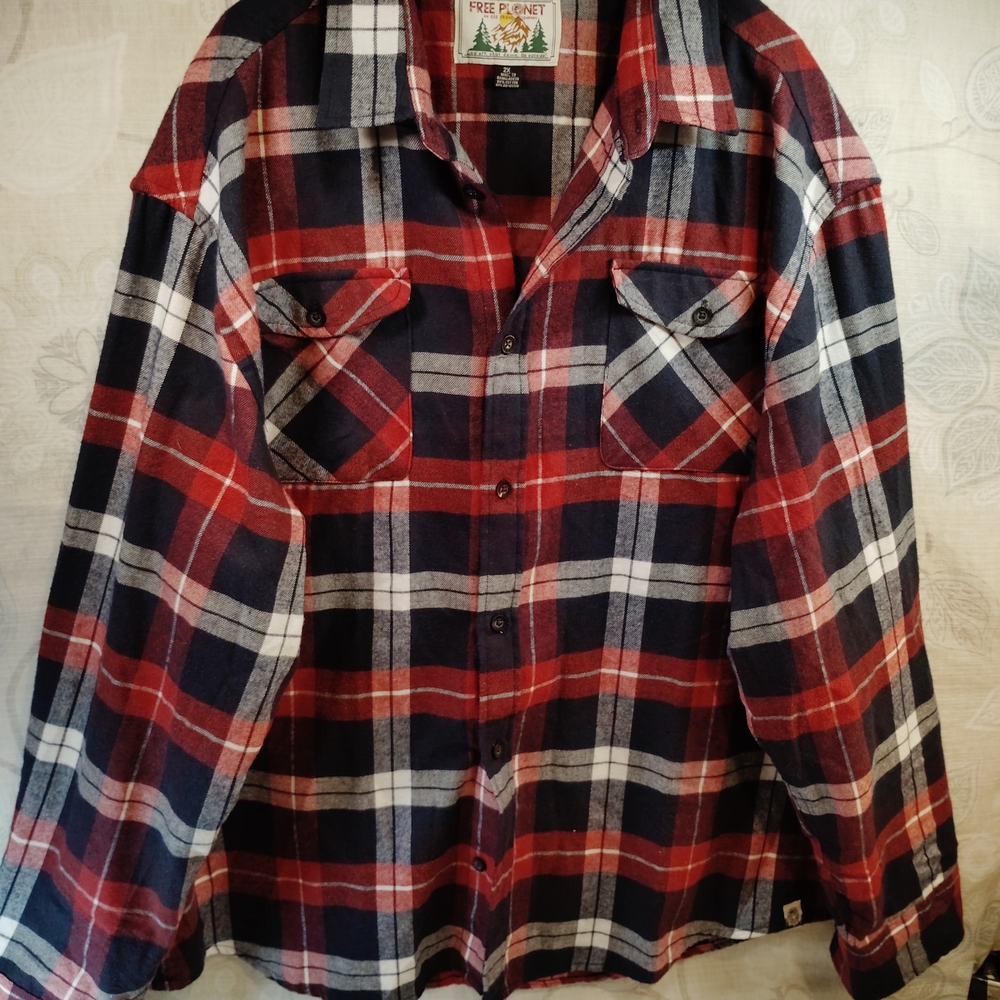 Free Planet Red and Blue Plaid Casual Button Down Shirt - Picture 2 of 4
